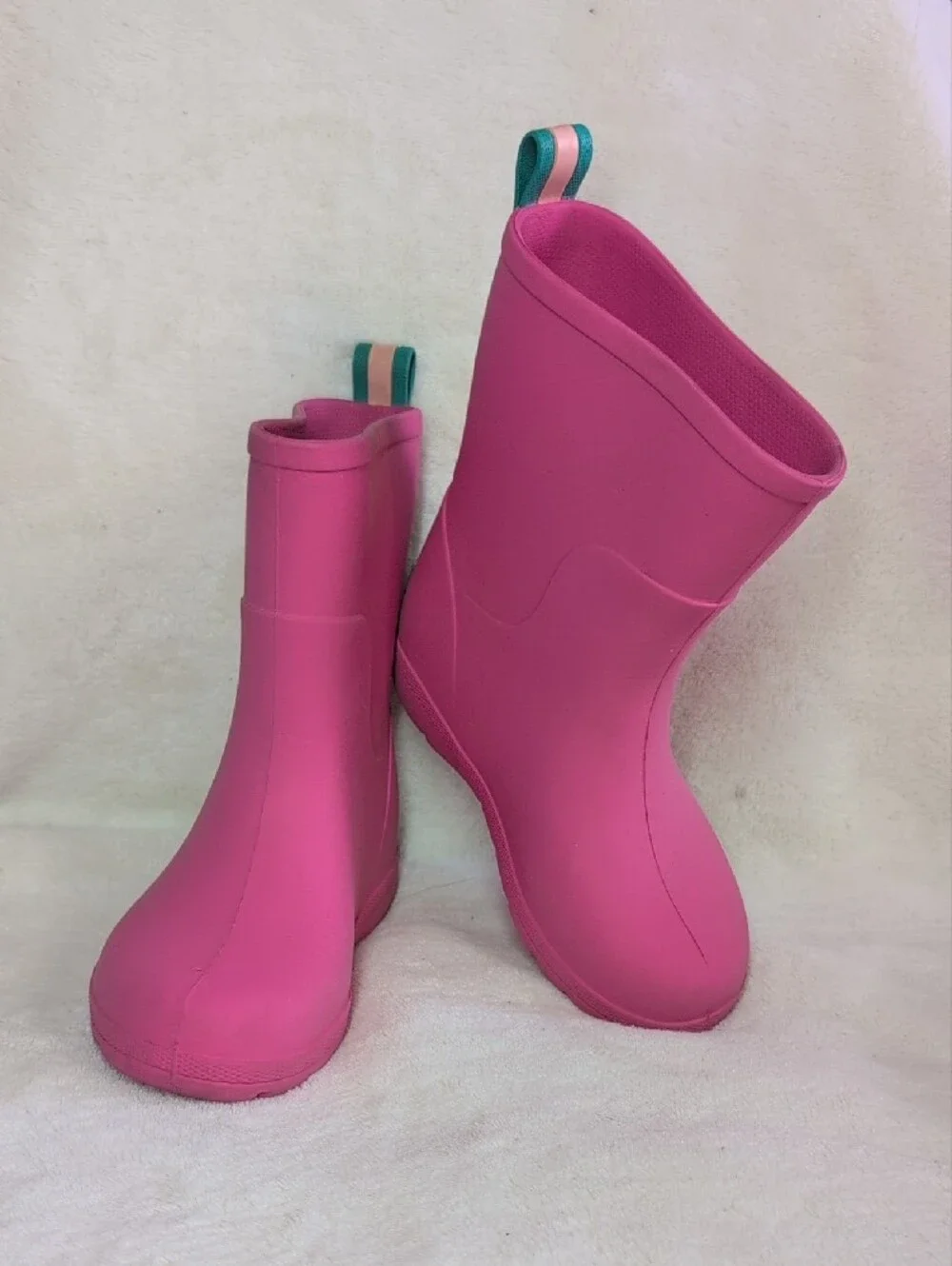 totes Kids Pink Rain Boots with Teal Pull Tabs